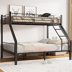 Twin XL Over Queen Bunk Bed, Heavy Duty Bunk Bed with Safety Ladder and Full-Length Guardrails, Metal Queen Bed Frame with Slats