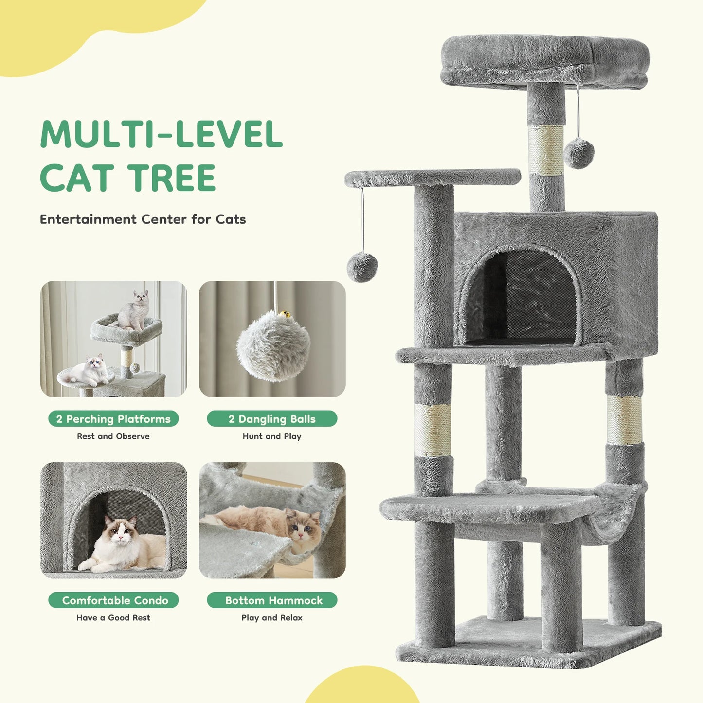 JHK 44in Tall Multi-Cat Climbing Cat Tree Tower for Pet Furniture Natural Sisal Scratching Posts Stable Pet House for Indoor Cat