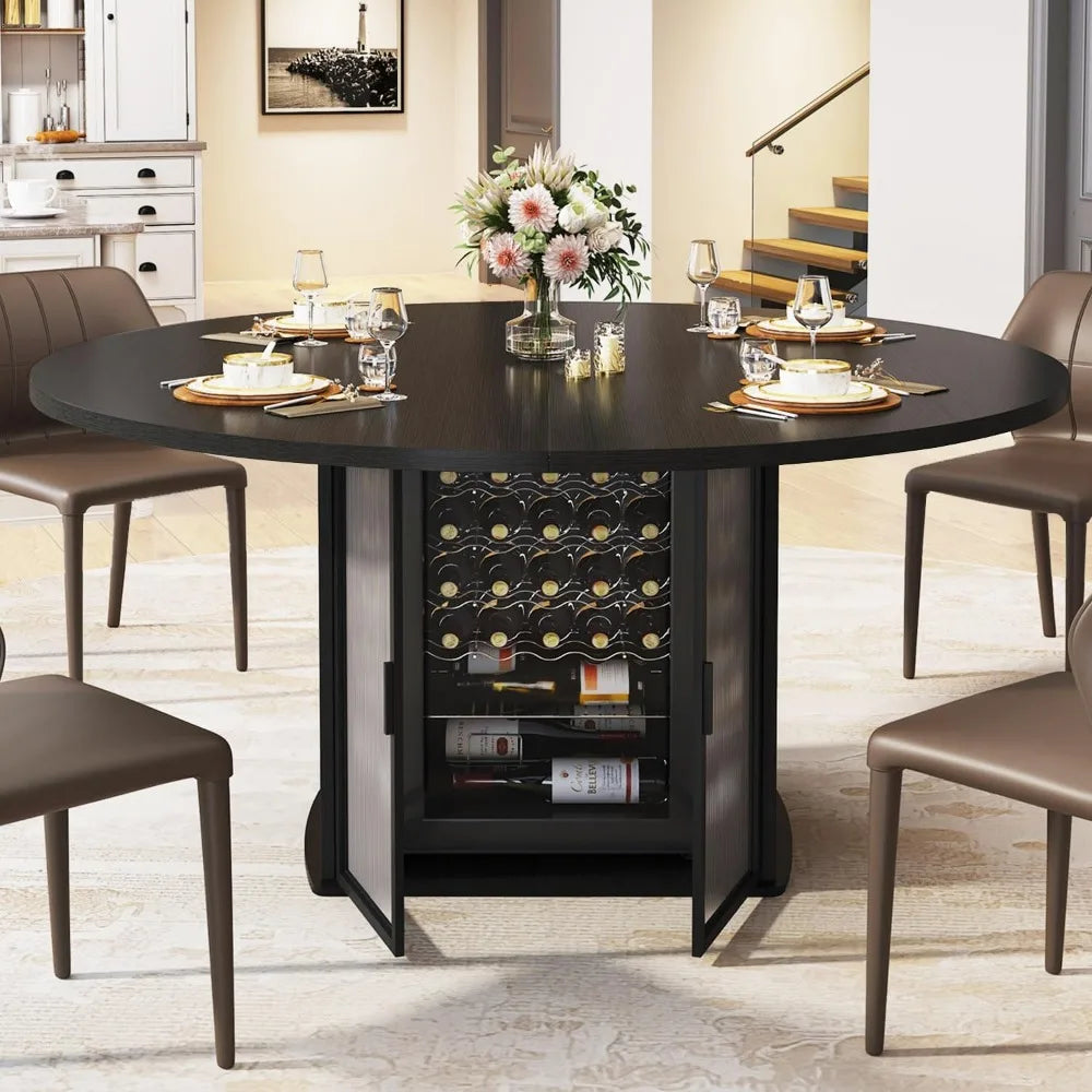 Round Dining Table for 4-6, 47 Inch Kitchen Table with Fridge Space, Industrial Dining Room Tables with Storage Shelf,