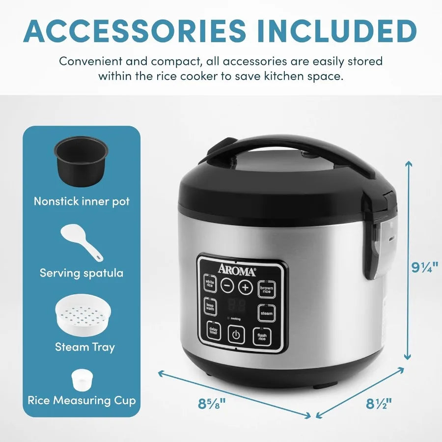 Digital RicCookere  with Steamer and Multicooking Function for 4Cup Uncooked or 8Cup Cooked Capacity 2 Qt Stainless Steel Exter