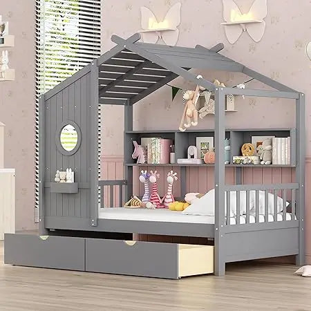 Twin-Sized Storage Drawer Bed Frame with Shelves, Wooden Kids' House Bed with Roof for Boys and Girls