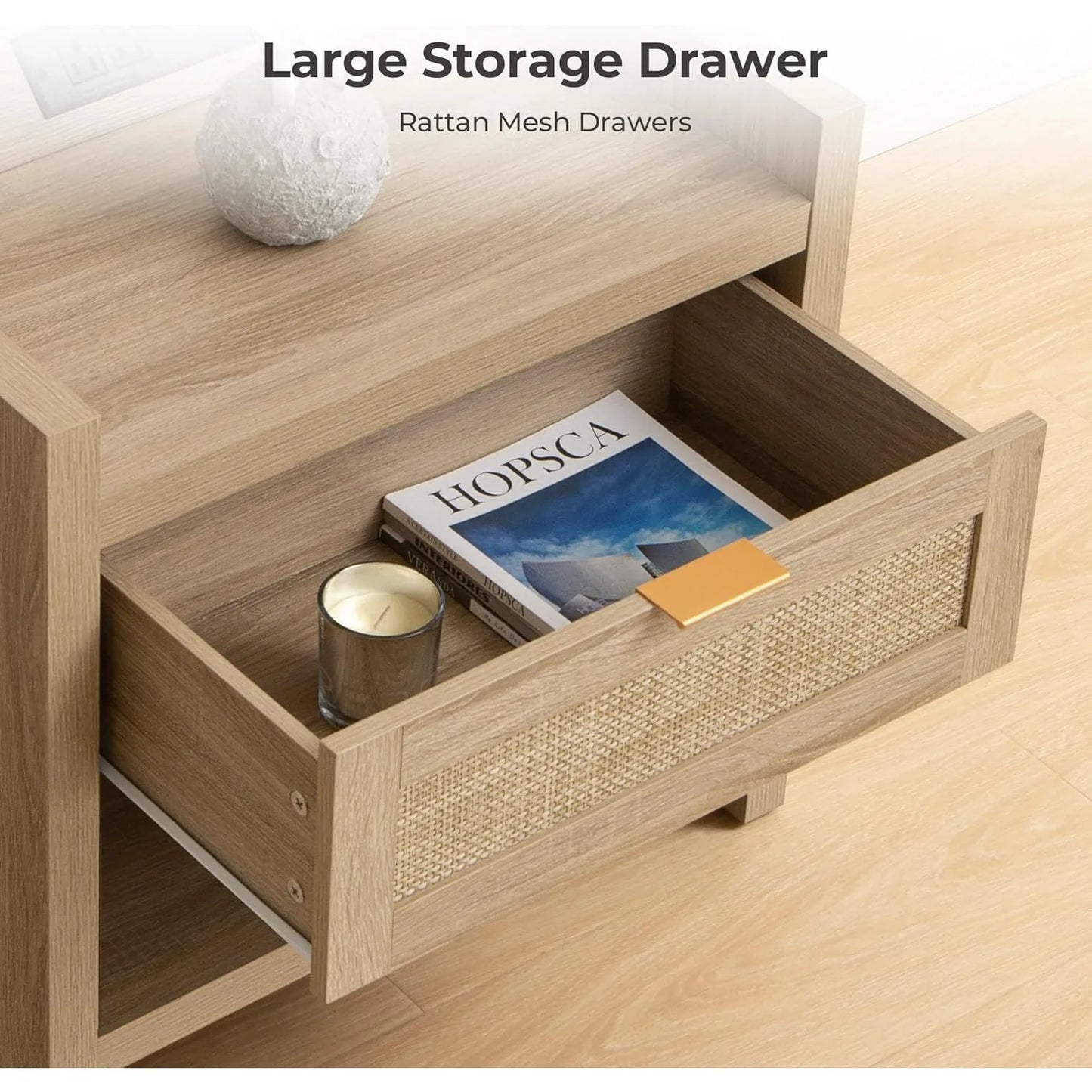 Rattan Nightstands Boho  Wicker Decor Drawer Storage  - Light Oak