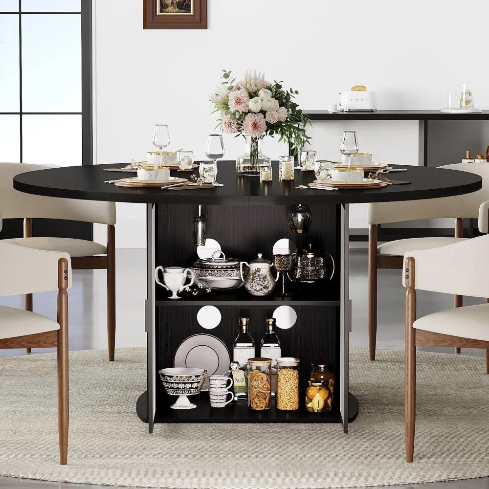 Round Dining Table for 4-6, 47 Inch Kitchen Table with Fridge Space, Industrial Dining Room Tables with Storage Shelf,