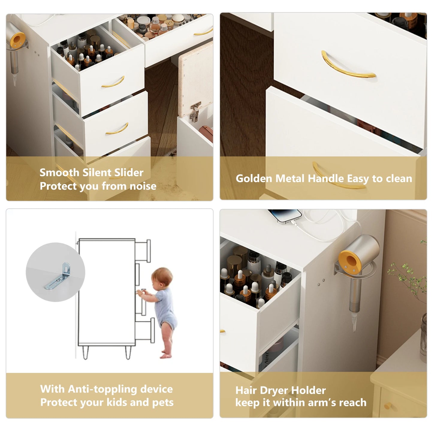 47" Large Vanity Desk with Mirror and Lights, LED White Vanity Set with Stool and Power Outlet, Lighted Make up Vanity Desk