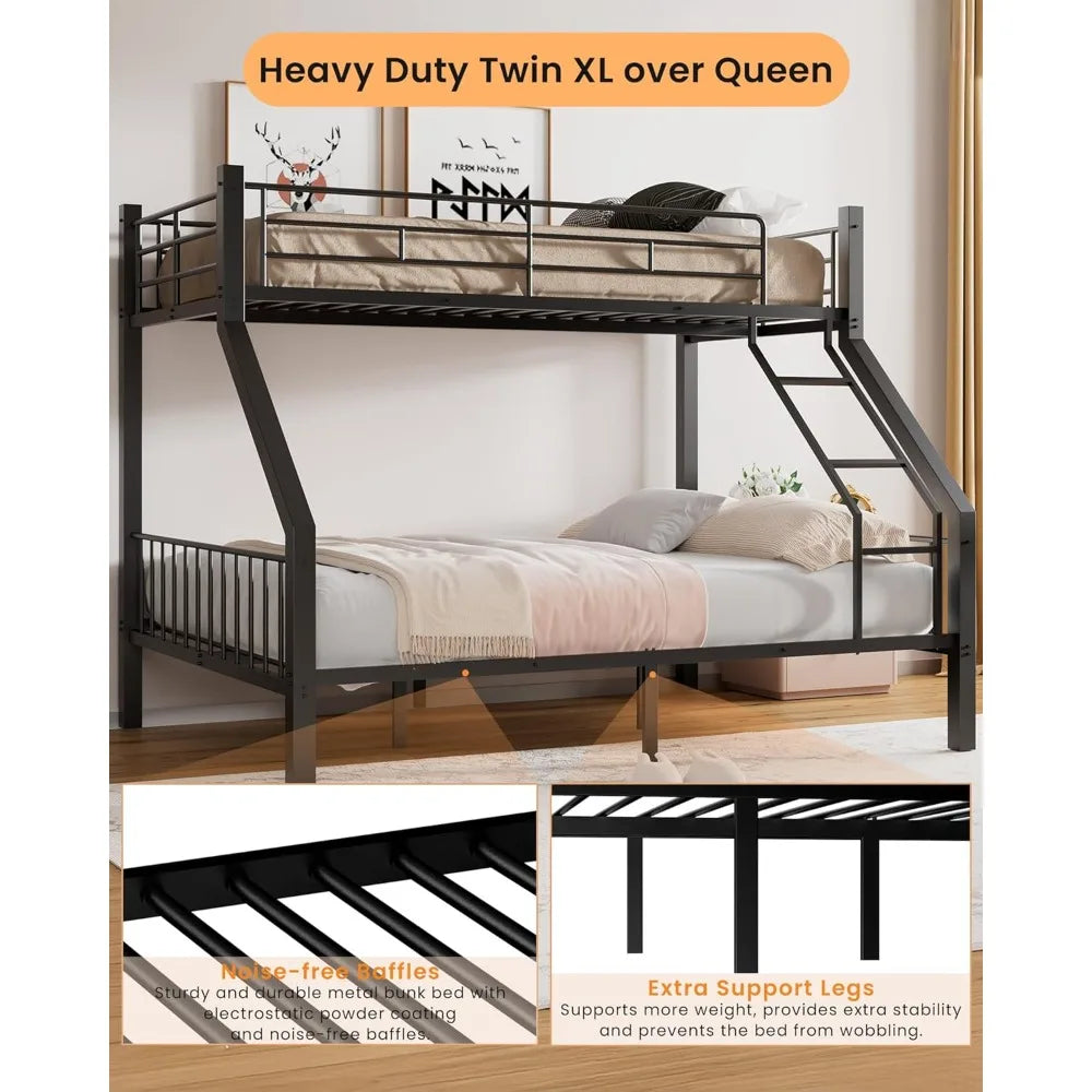 Twin XL Over Queen Bunk Bed, Heavy Duty Bunk Bed with Safety Ladder and Full-Length Guardrails, Metal Queen Bed Frame with Slats