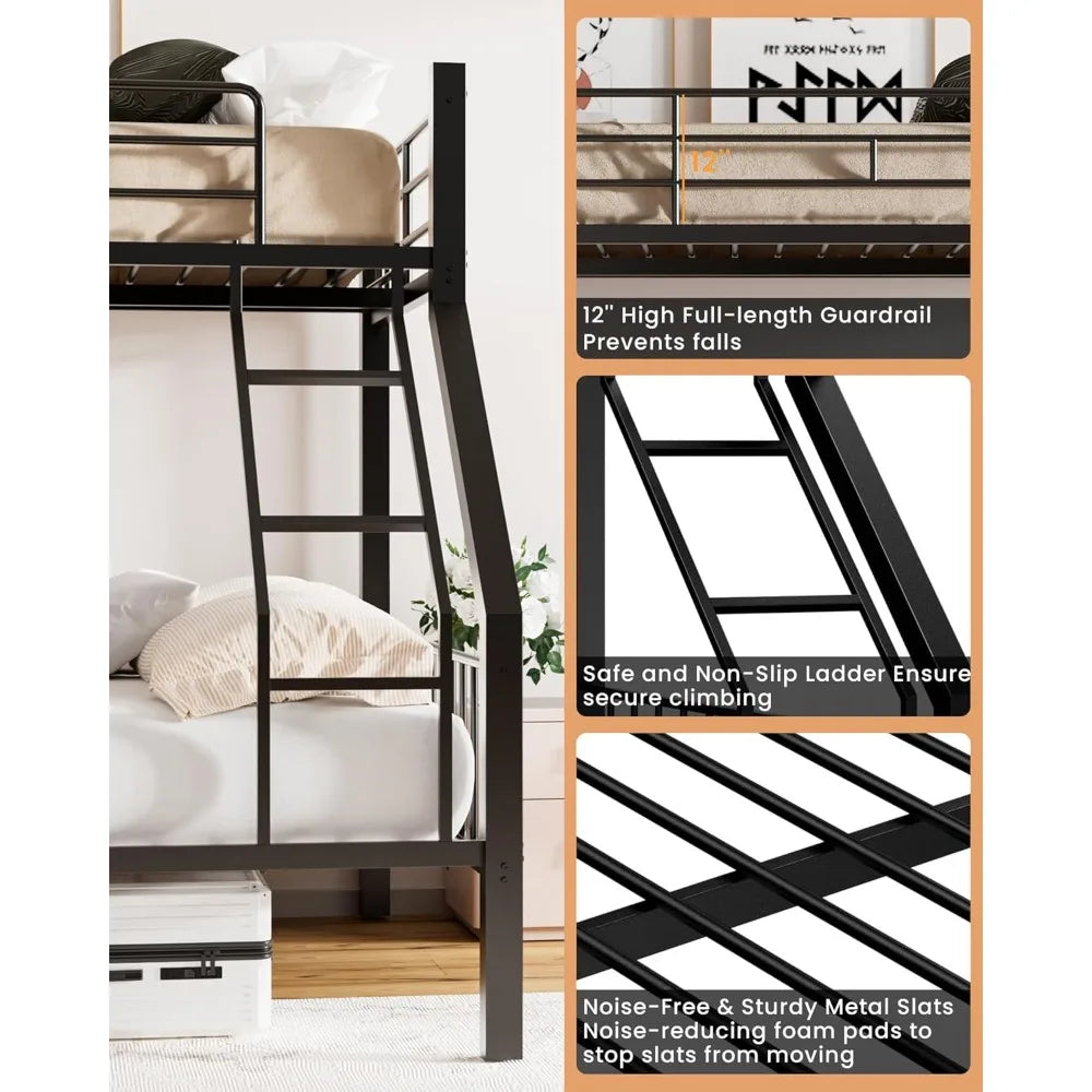 Twin XL Over Queen Bunk Bed, Heavy Duty Bunk Bed with Safety Ladder and Full-Length Guardrails, Metal Queen Bed Frame with Slats