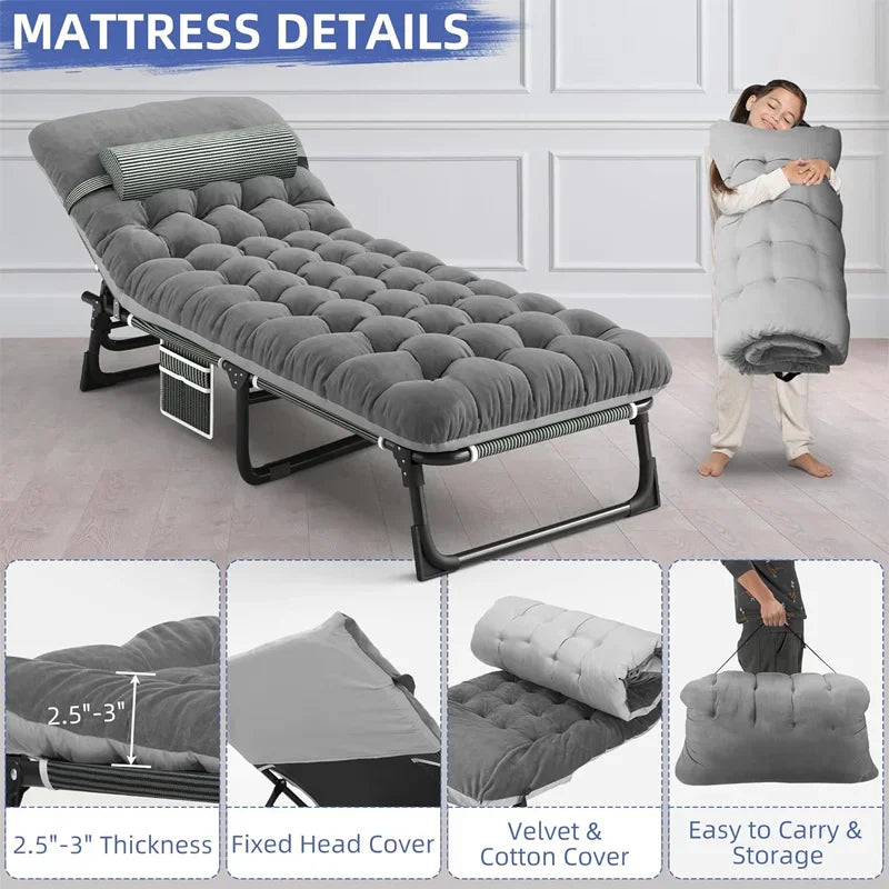 Camping Cot with Mattress, 4-Position Folding Camping Bed Hold up 330lbs, Portable Sleeping Cot for Camp, Beach, Patio
