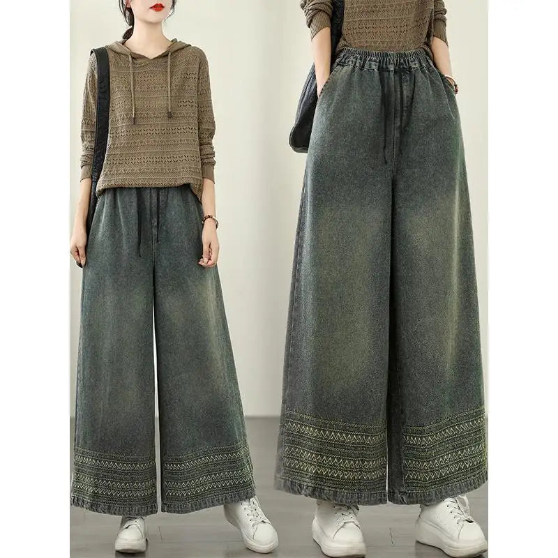 Jeans Women 2025 Autumn New Jeans Retro Heavy Industry Embroidery Ethnic Style Elastic Waist Casual Oversized Wide Leg Pants