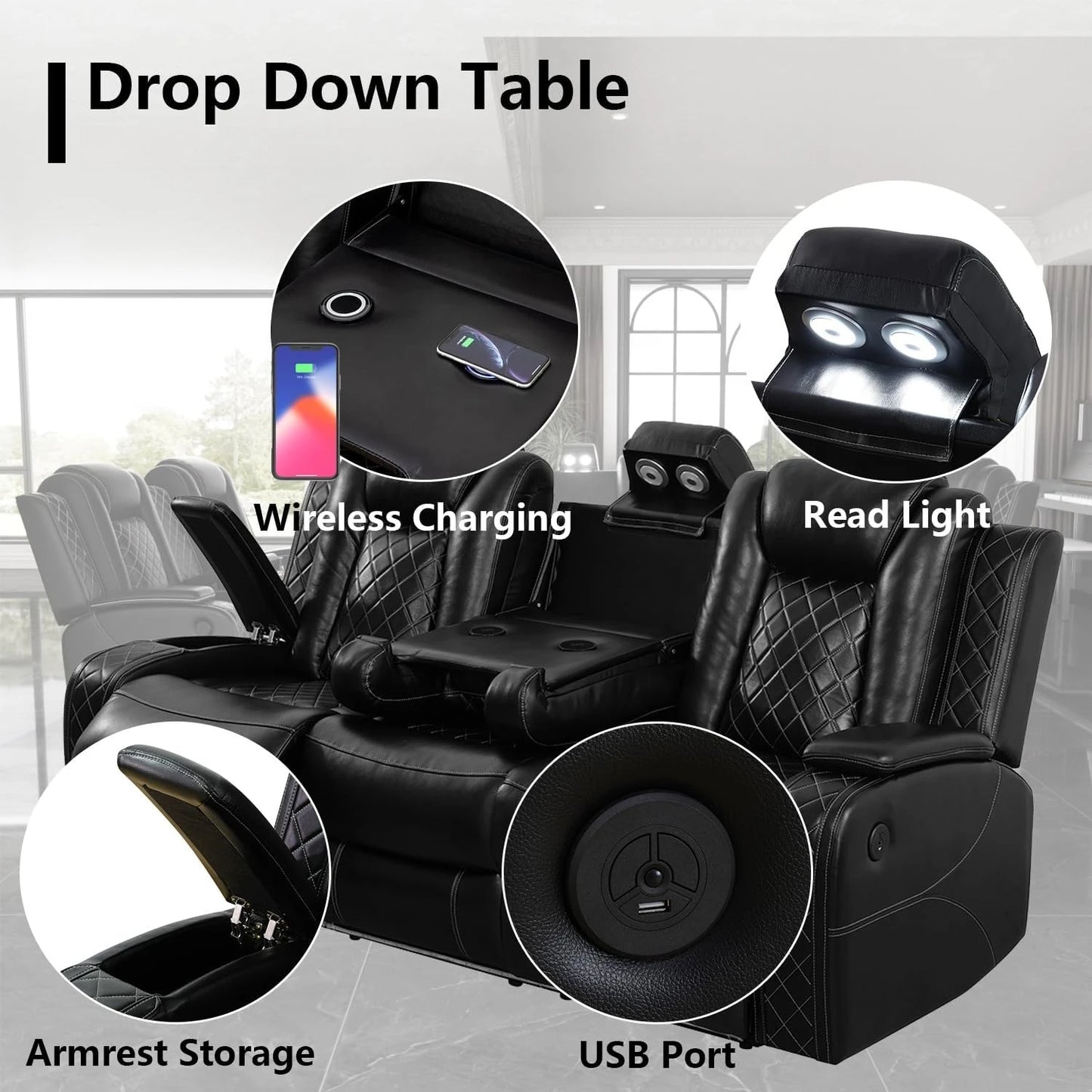 Power Recliner Sofa Set with LED Light for Living Room Furniture，Black Leather Reclining Sofa and Loveseat Set 3 Seater Sofa