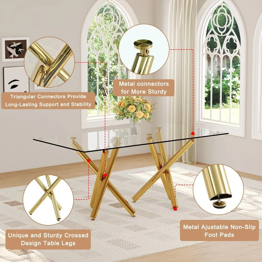 Glass Dining Table, Gold Dining Table for 6-8, Large Size Kitchen and Dining Room Table with Tempered Glass top and Gold Metal