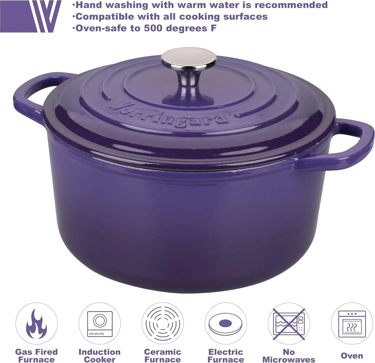 Enameled Cast Iron Dutch Oven Pot with Lid, for Sourdough Bread Baking, Round Dutch Ovens, 6 Quart, Purple
