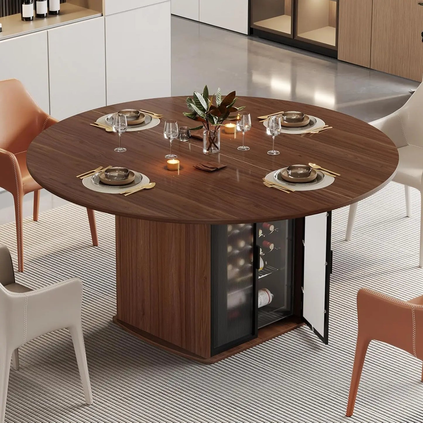 Round Dining Table for 4-6, 47 Inch Kitchen Table with Fridge Space, Industrial Dining Room Tables with Storage Shelf,