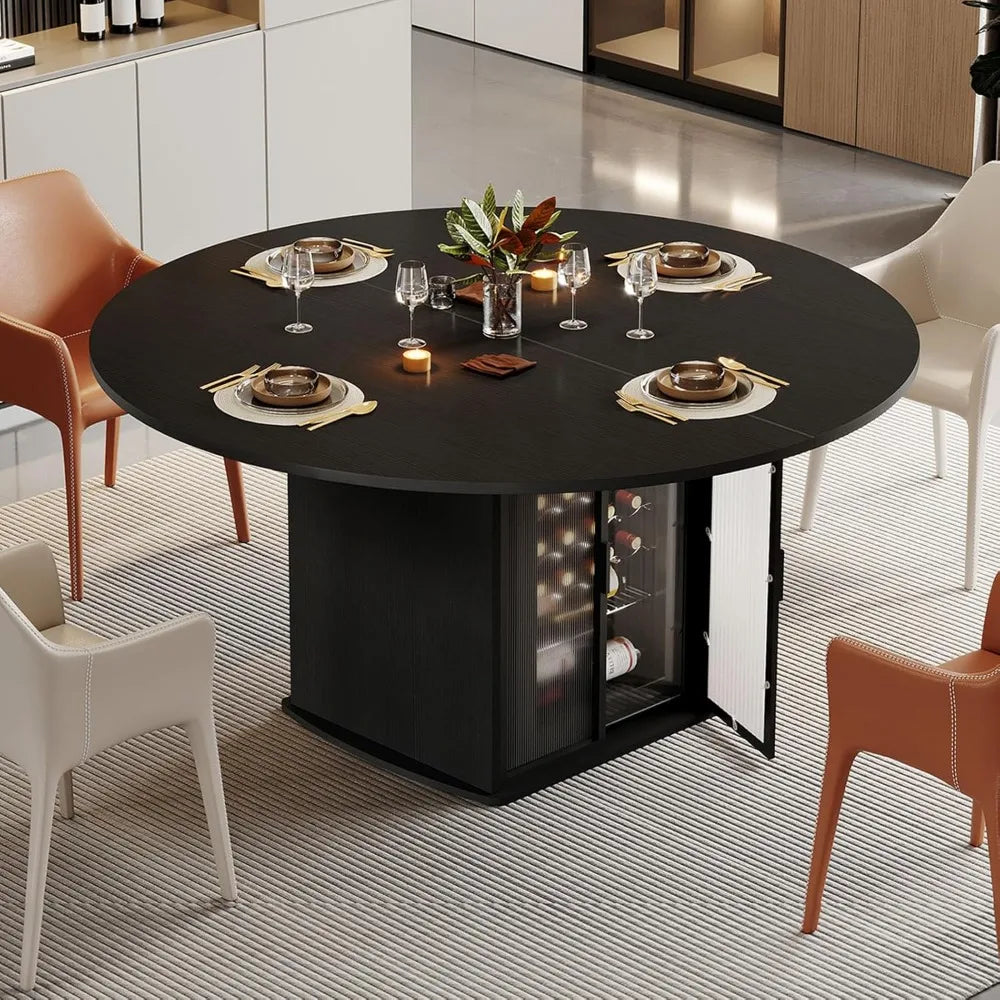Round Dining Table for 4-6, 47 Inch Kitchen Table with Fridge Space, Industrial Dining Room Tables with Storage Shelf,