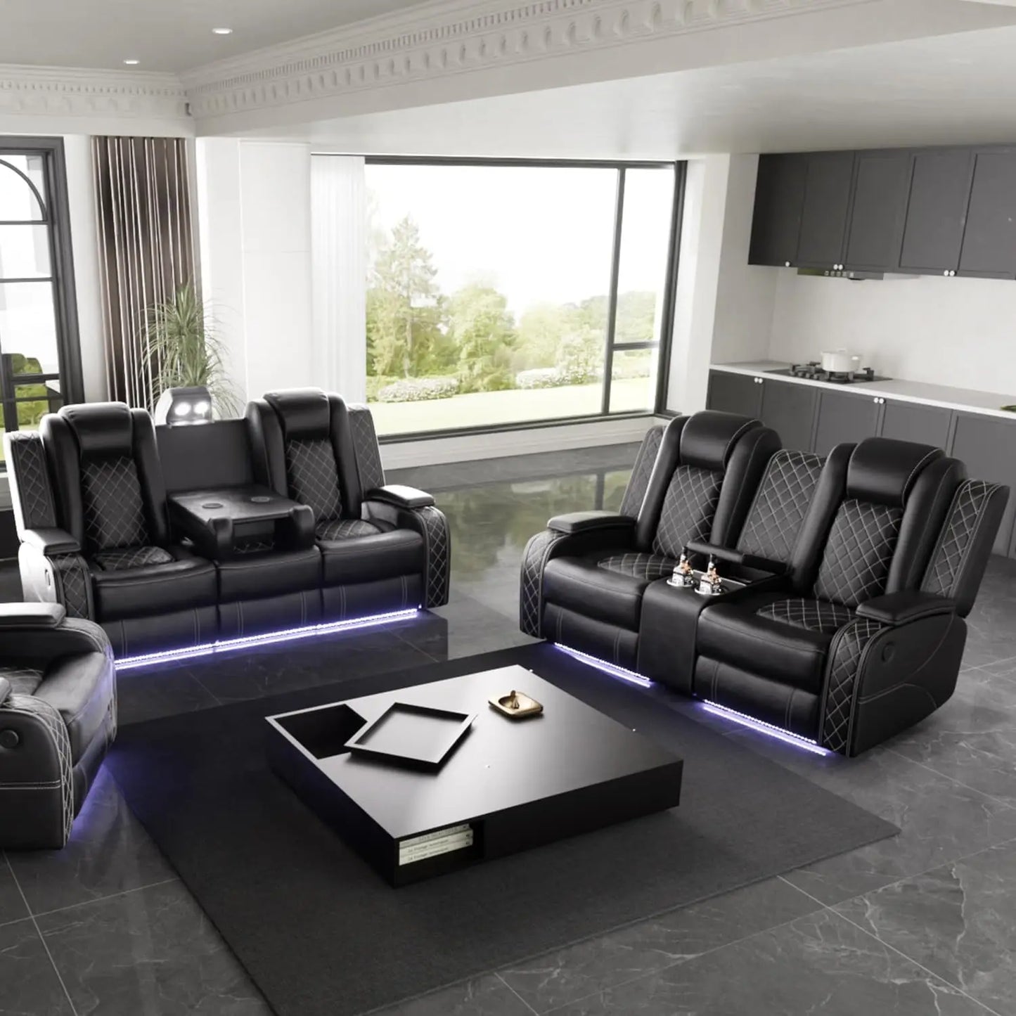 Power Recliner Sofa Set with LED Light for Living Room Furniture，Black Leather Reclining Sofa and Loveseat Set 3 Seater Sofa