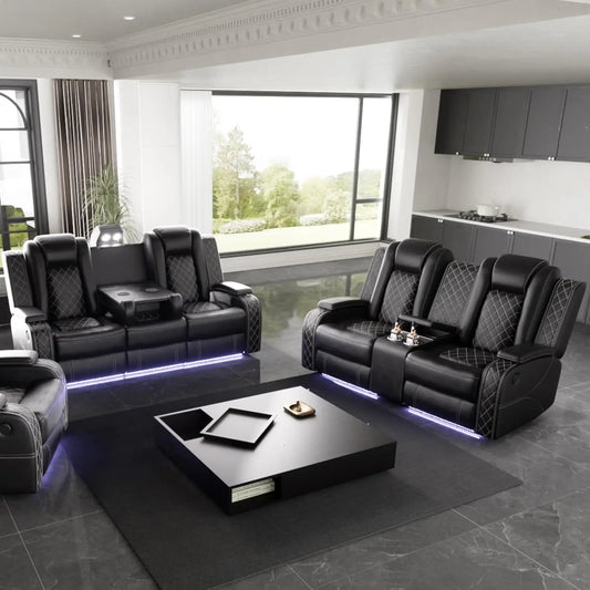 Power Recliner Sofa Set with LED Light for Living Room Furniture，Black Leather Reclining Sofa and Loveseat Set 3 Seater Sofa
