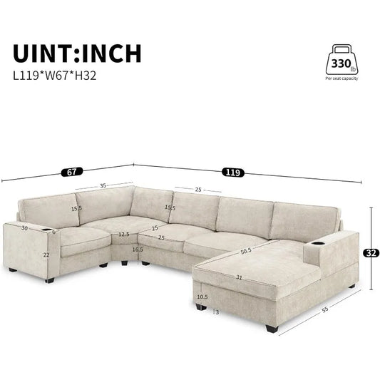 119" U Shaped Sectional Sofa, 6 Seat Chenille Corner Couch Set, for Living Room, Apartment, Beige